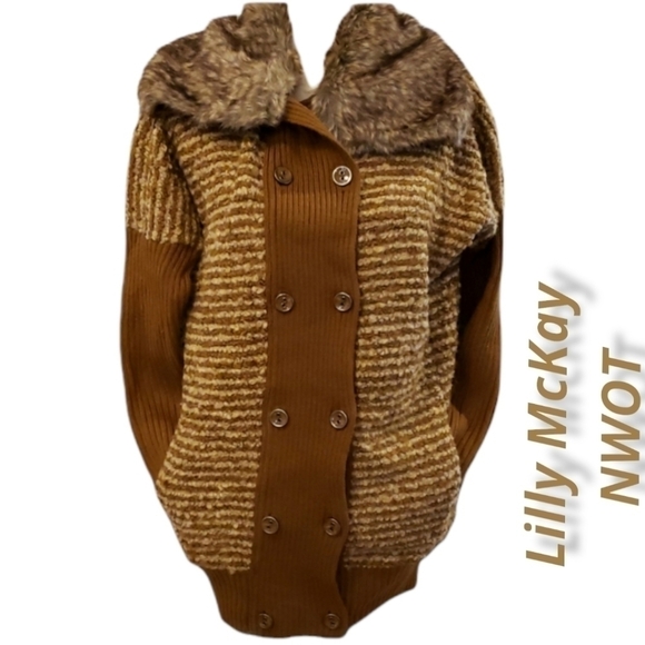 LILLY McKay Collection Sweater Jacket NWOT Brown/ Tan Md Removable Collar - Picture 2 of 11